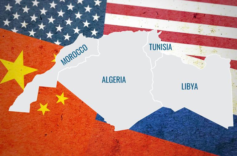 Map of North Africa framed by U.S., Chinese, and Russian flags