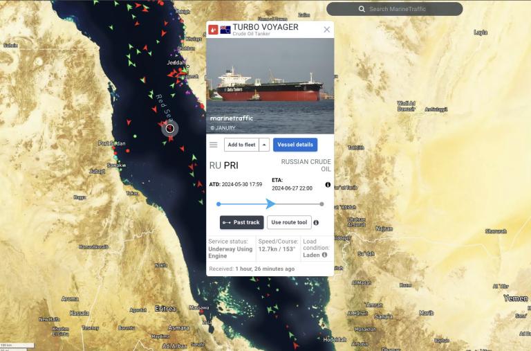 Screenshot from MarineTraffic showing how ships are altering their AIS data to avoid Houthi attacks.