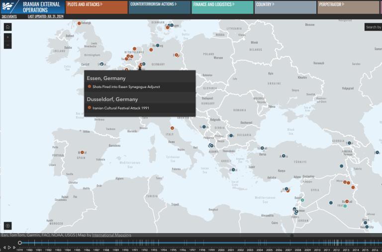 Screenshot from the Iran External Operations interactive map and timeline 