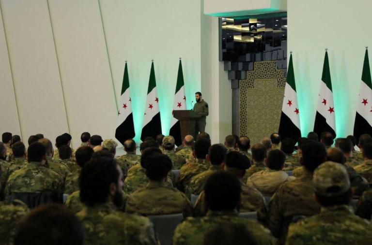 Syria's interim leader, Ahmed al-Sharaa, addresses soldiers loyal to the new regime - source: Reuters