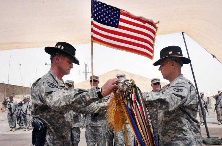 Soldiers from the Texas National Guard participate in a change-of-command ceremony in Iraq - source: Department of Defense