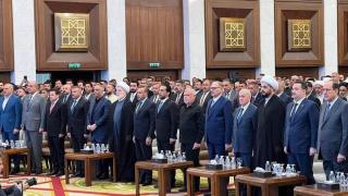 Jassim Abboud seated between U.S.-designated terrorist Qais al-Khazali and Badr's Hadi al-Ameri at the 21st anniversary commemoration of the formation of U.S.-designated terrorist group Asaib Ahl al-Haq on May 4, 2024