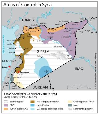 Map showing areas of control in post-Assad Syria.