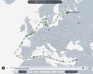 Screenshot of a map tracking the path of the oil tanker Prosperity en route to Syria.