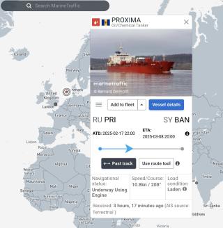 Screenshot of tracking data for the oil tanker Proxima.