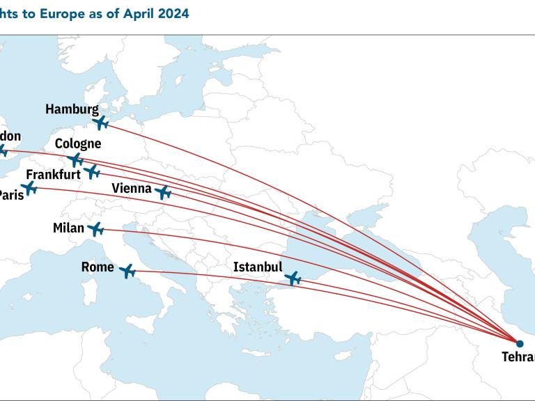 Map of Iran Air flights to Europe