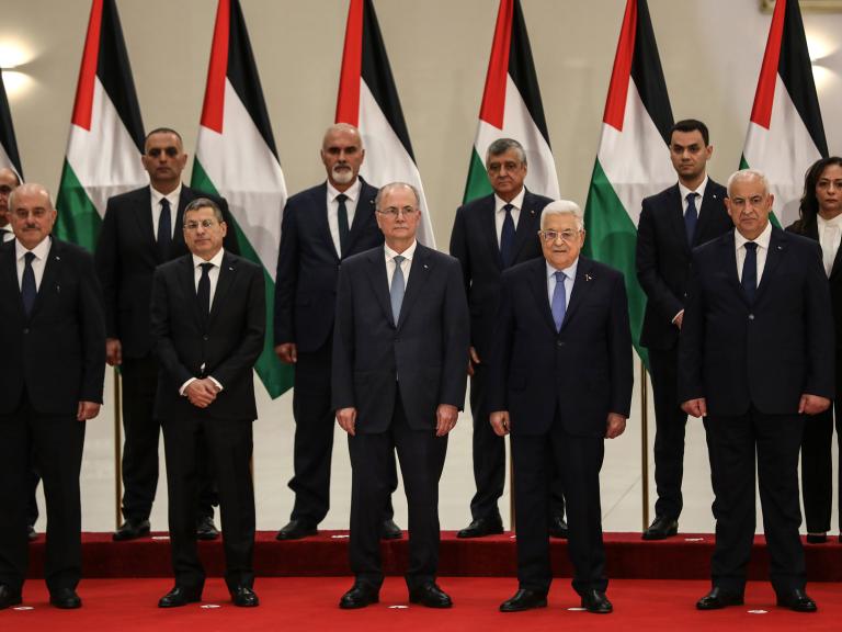 Swearing-in ceremony for PA cabinet, March 31, 2024. Mahmoud Abbas is third from right; the new PM, Muhammad Mustafa, is to his left.