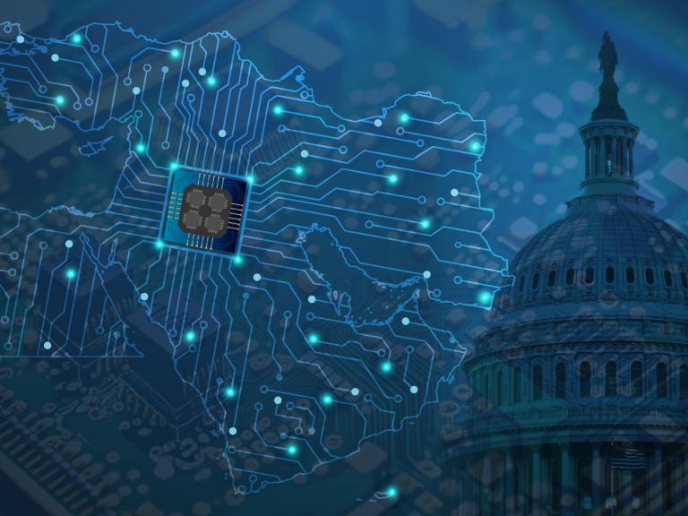 Semiconductor image over map of UAE with U.S. Capitol dome