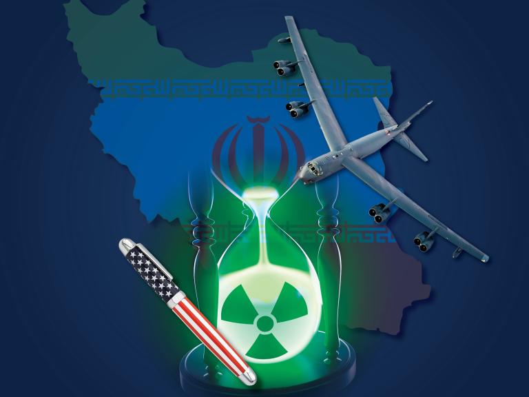 Cover for Iran Transition Note, with images of a pen with U.S. flag, a B-52 bomber, nuclear symbols, and Iranian flag + map. 