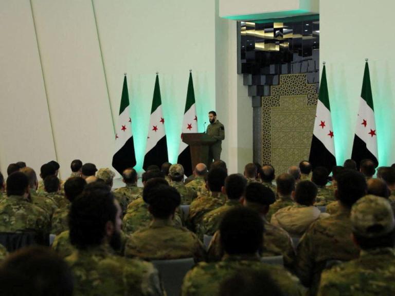 Syria's interim leader, Ahmed al-Sharaa, addresses soldiers loyal to the new regime - source: Reuters