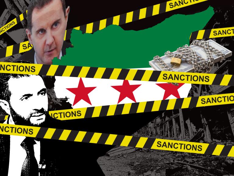 Map of Syria, sanctions "tape," new Syrian flag, Bashar al-Assad, Ahmed al-Sharaa (Muhammad al-Jolani)