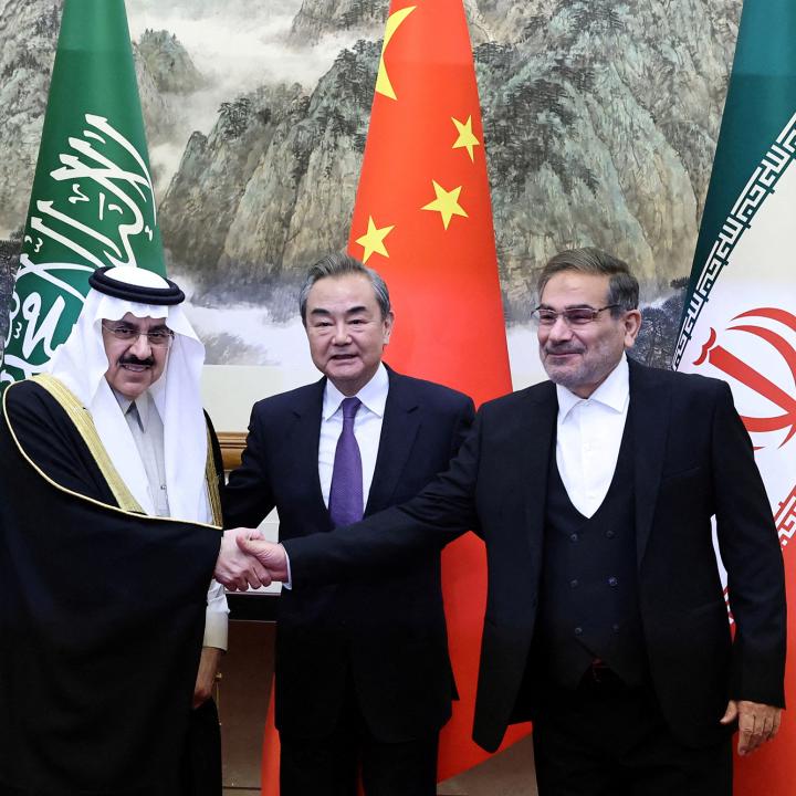 Wang Yi, director of China's Office of the Central Foreign Affairs Commission, Ali Shamkhani, secretary of Iran’s Supreme National Security Council, and Minister of State and national security adviser of Saudi Arabia Musaad bin Mohammed Al Aiban shake hands in Beijing in March 2023 - source: Reuters