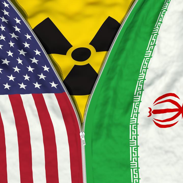 U.S. flag, nuclear symbol, Iranian flag