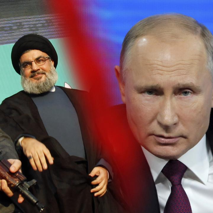 Photo illustration depicting Hezbollah leader Hassan Nasrallah and Russian president Vladimir Putin - Washington Institute illustration, original images from Reuters