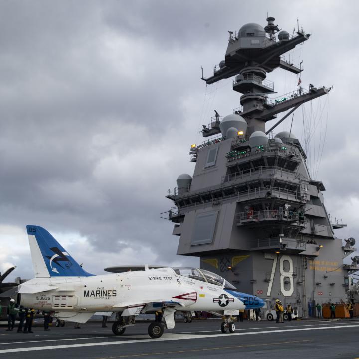 A Marine Corps training jet on board the USS Gerald Ford, CVN-78 - source: Department of Defense