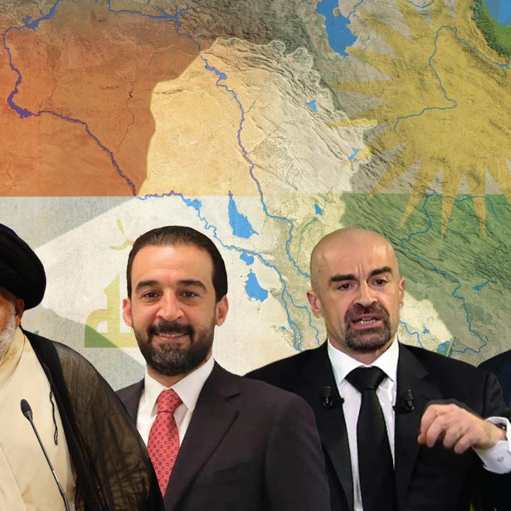 Iraqi politicians Muqtada al-Sadr, Mohammed al-Halbousi, Bafel Talabani, and Masrour Barzani.