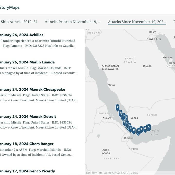 Screenshot excerpt of a StoryMap covering maritime attacks in the Middle East.