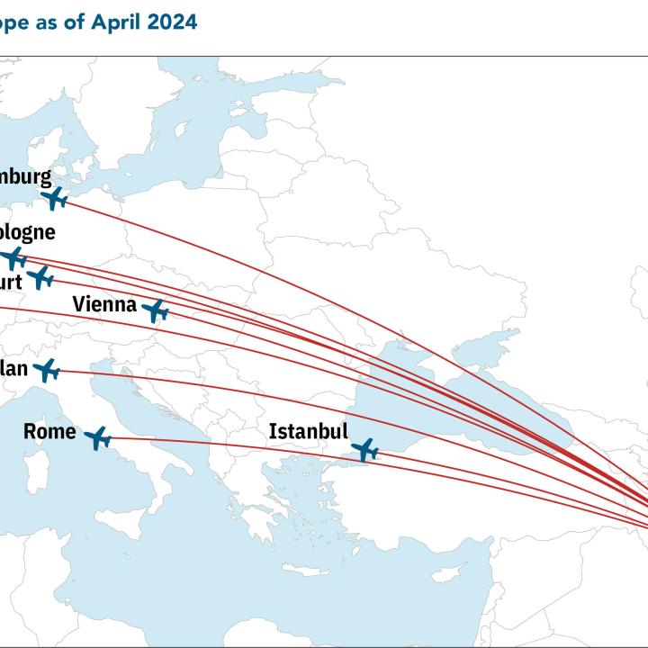 Map of Iran Air flights to Europe