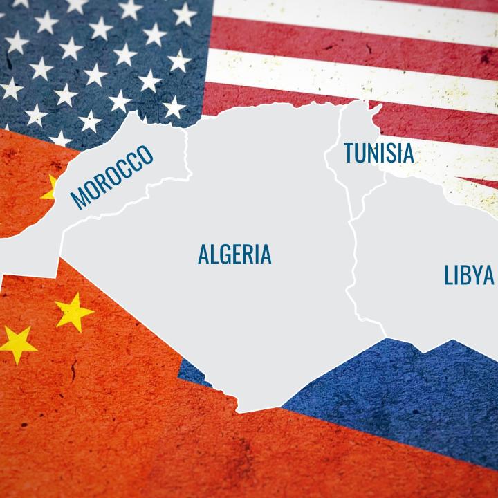 Map of North Africa framed by U.S., Chinese, and Russian flags