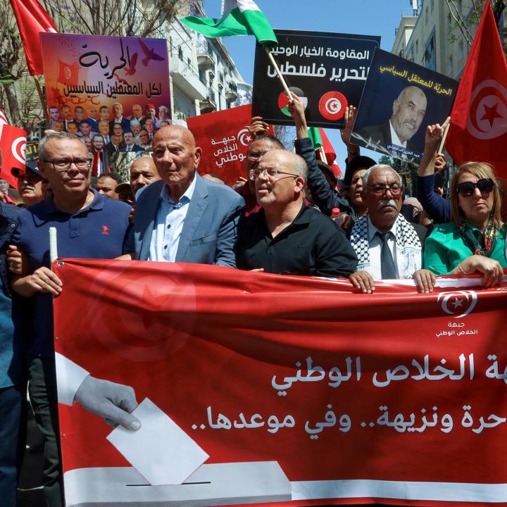 Imed Khemiri, a senior official in the Ennahda party and member of the Salvation Front (L) takes part in a protest, demanding the release of imprisoned journalists, activists, opposition figures and setting a date for fair presidential elections in Tunis, Tunisia May 12, 2024 - source: Reuters