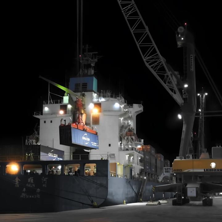 The container ship Jin Shun He (IMO 9144316) docked at the port of NEOM in Oxagon. Photo credit: Photo credit: @NEOMOxagon, posted on X (formerly Twitter), April 15, 2024, https://x.com/NEOMOxagon/status/1779799779230302424. .