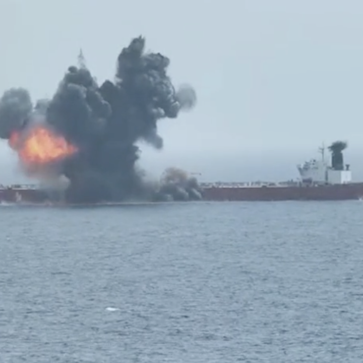 Houthi missile hits Chios Lion tanker, Red Sea, July 2024. 