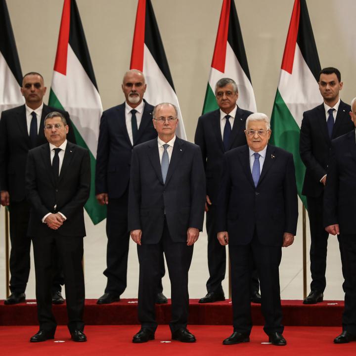 Swearing-in ceremony for PA cabinet, March 31, 2024. Mahmoud Abbas is third from right; the new PM, Muhammad Mustafa, is to his left.