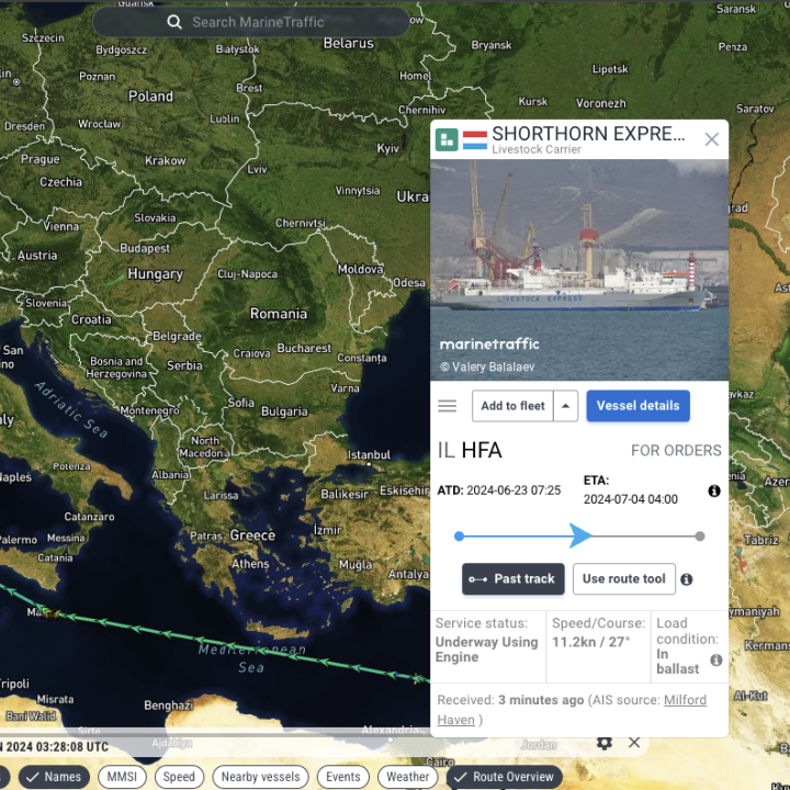 A screenshot from MarineTraffic shows the past tracks of the livestock carrier Shorthorn Express (IMO 9167318), which as of July 2, 2024, was sailing toward the British Isles. 