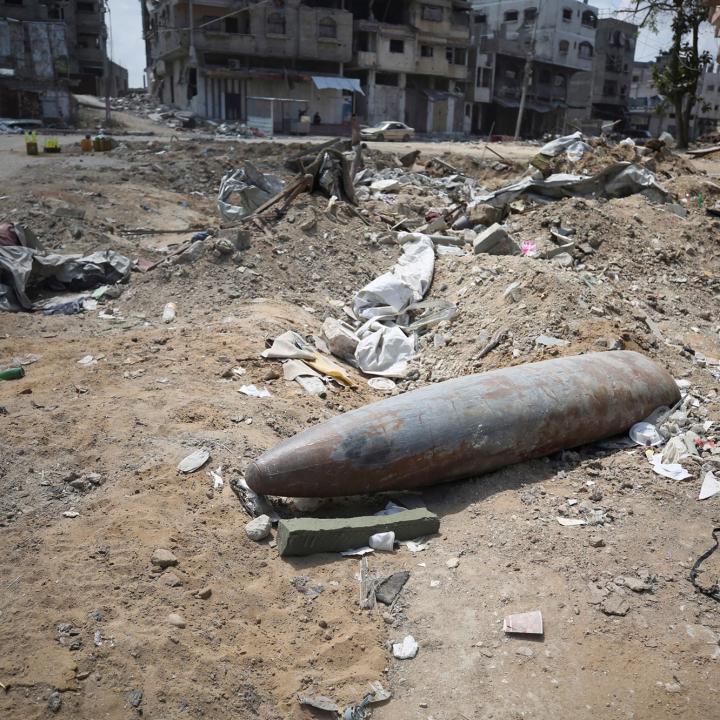 An unexploded missile fired by an Israeli aircraft lies among the rubble, amid the ongoing conflict between Israel and Hamas, in the northern Gaza Strip - source: Reuters