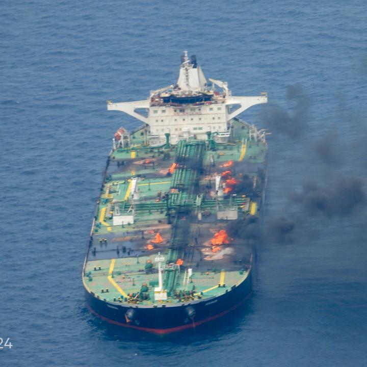 The crude oil tanker Sounion burns in the Red Sea after an attack by Houthi forces in Yemen - source: EUNAVFOR