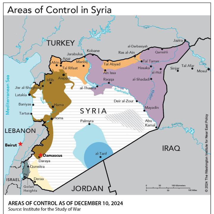 Map showing areas of control in post-Assad Syria.