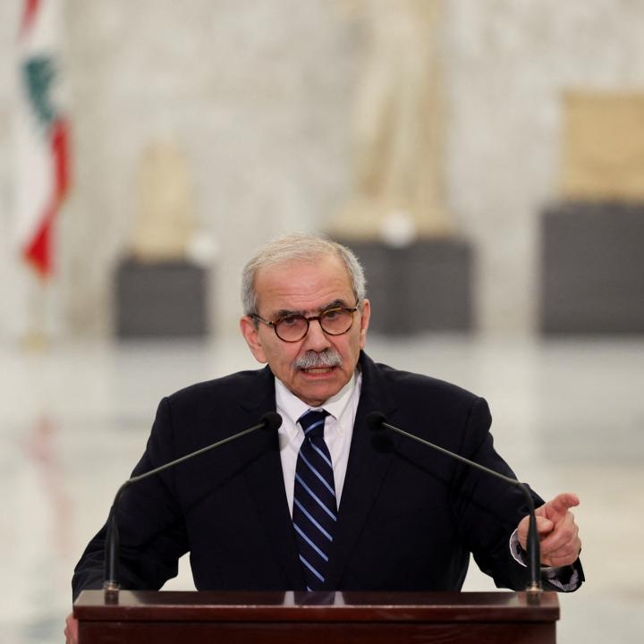 Lebanonese prime minister Nawaf Salam speaks to the press in January 2025 - source: Reuters