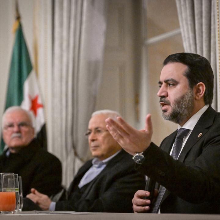 Syria's Minister of Foreign Affairs Asaad Hassan al-Shaibani speaks during a meeting with Syrian diaspora after the International Conference on Syria in Paris on February 13, 2025 - source: Reuters