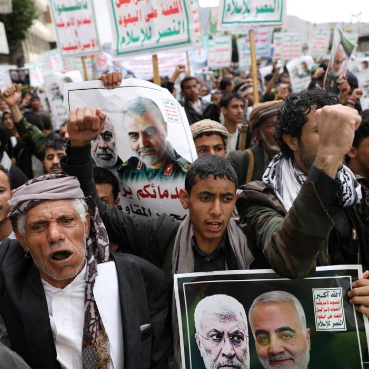 Houthis show support for Qassem Soleimani and Abu Mahdi al-Muhandis, Yemen, 2020