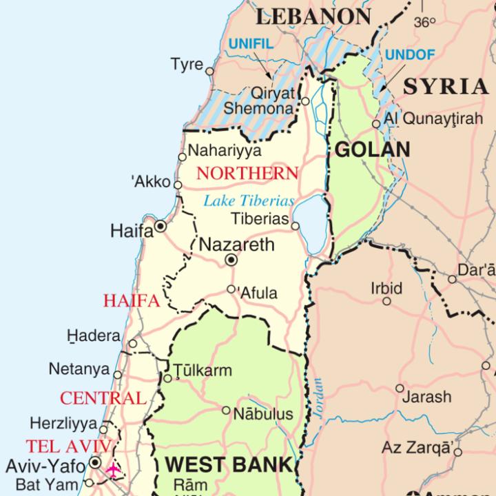 Map of nothern Israel and Israel's borders with Lebanon, Syria, and Jordan. Source: Wikimedia Commons