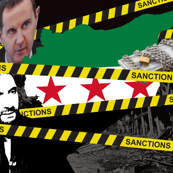 Map of Syria, sanctions "tape," new Syrian flag, Bashar al-Assad, Ahmed al-Sharaa (Muhammad al-Jolani)