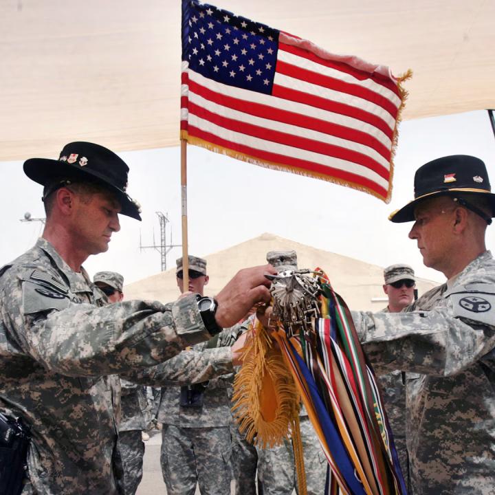 Soldiers from the Texas National Guard participate in a change-of-command ceremony in Iraq - source: Department of Defense