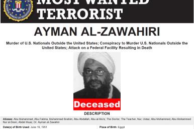 Screen capture of the FBI Most Wanted Terrorist poster for Ayman al-Zawahiri, updated following Zawahiri's killing in Afghanistan by American forces. Source: FBI