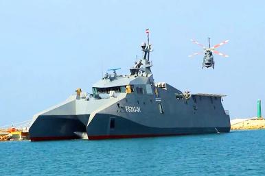 The Iranian catamaran missile corvette Shahid Soleimani on its launch in 2022