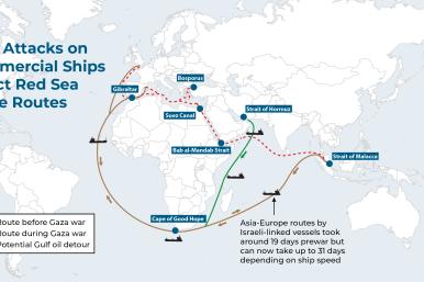 Map showing alternate shipping routes caused by the Gaza war.