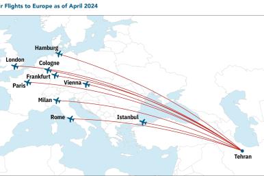 Map of Iran Air flights to Europe