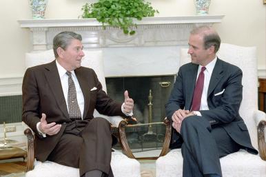 President Ronald Reagan meets with Senator Joe Biden at the White House in 1987 - source: Ronald Reagan Presidential Library