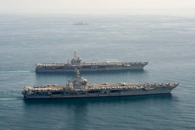 The U.S. Navy aircraft carriers Harry S. Truman and Dwight D. Eisenhower on joint operations in the CENTCOM region - source: Department of Defense