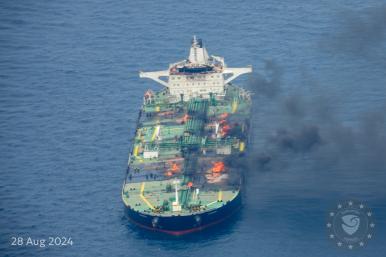 The crude oil tanker Sounion burns in the Red Sea after an attack by Houthi forces in Yemen - source: EUNAVFOR