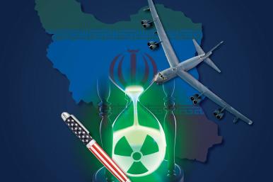 Cover for Iran Transition Note, with images of a pen with U.S. flag, a B-52 bomber, nuclear symbols, and Iranian flag + map. 