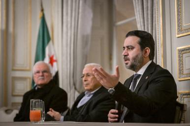 Syria's Minister of Foreign Affairs Asaad Hassan al-Shaibani speaks during a meeting with Syrian diaspora after the International Conference on Syria in Paris on February 13, 2025 - source: Reuters