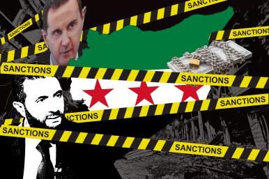 Map of Syria, sanctions "tape," new Syrian flag, Bashar al-Assad, Ahmed al-Sharaa (Muhammad al-Jolani)