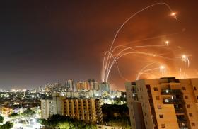 Iron Dome rockets intercepting Hamas missiles over Tel Aviv