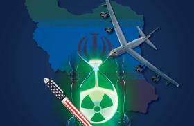 Cover for Iran Transition Note, with images of a pen with U.S. flag, a B-52 bomber, nuclear symbols, and Iranian flag + map.