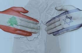 Flags of Israel and Lebanon painted on hands outstretched to each other, overlaying map of Israel-Lebanon border and beyond.
